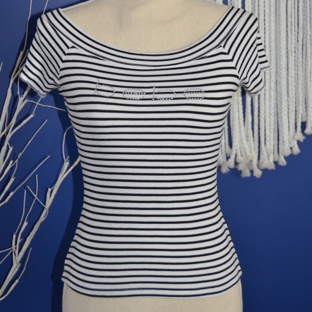 Rhinestone Black & White Striped Bebe Top L